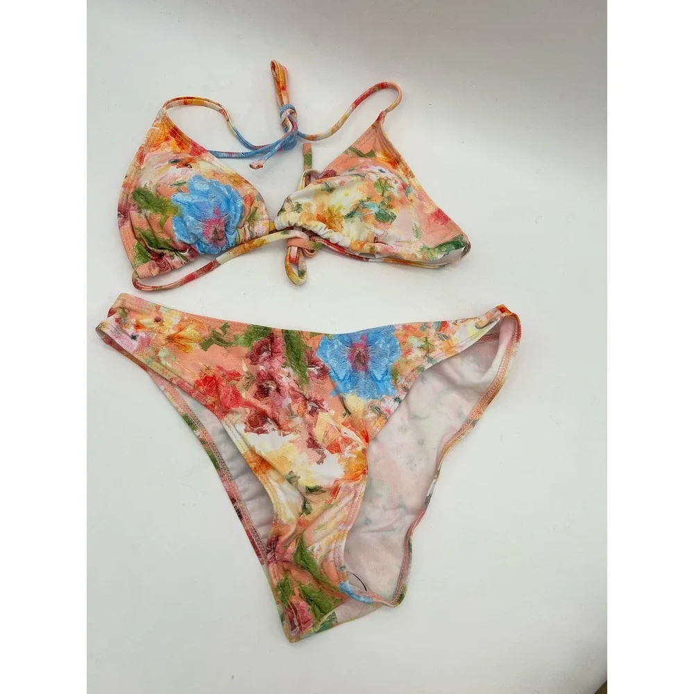 New 4 Piece Bikini Top Skirt Cover Up Tropical Pink Orange Yellow Cruise‎ Sz S